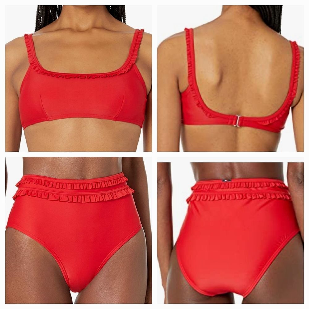 Tommy Hilfiger Women's Red Standard Detailed Bikini Top & Bottom Size Sm…